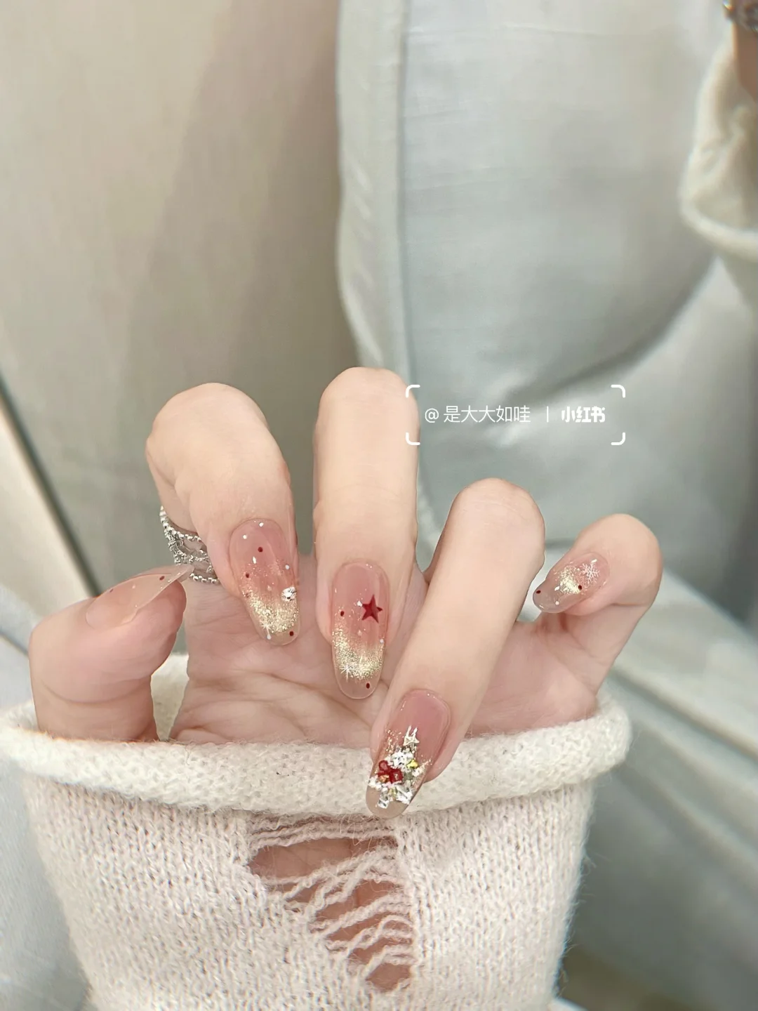 Christmas and New Year Vitality Wave Point Nail Art: ribbon: Golden Brown Cat Eye French Star