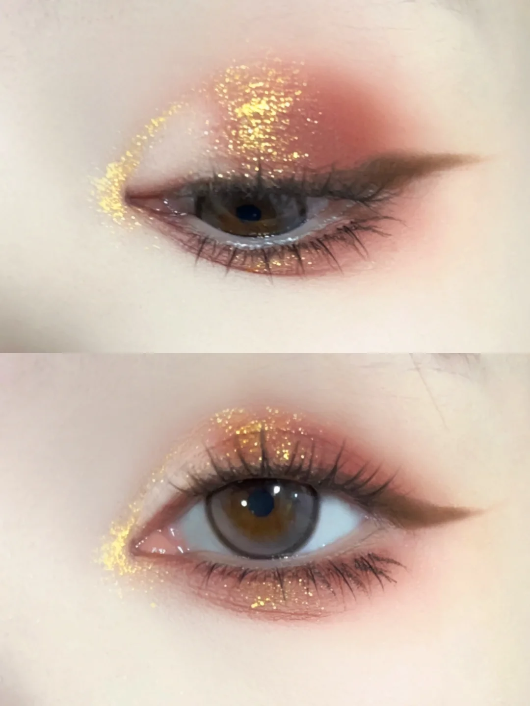 Autumn is intense: fallen_ leaves: early autumn milk and fallen leaves makeup, red brown gold shimmer atmosphere, eye makeup: sparks: