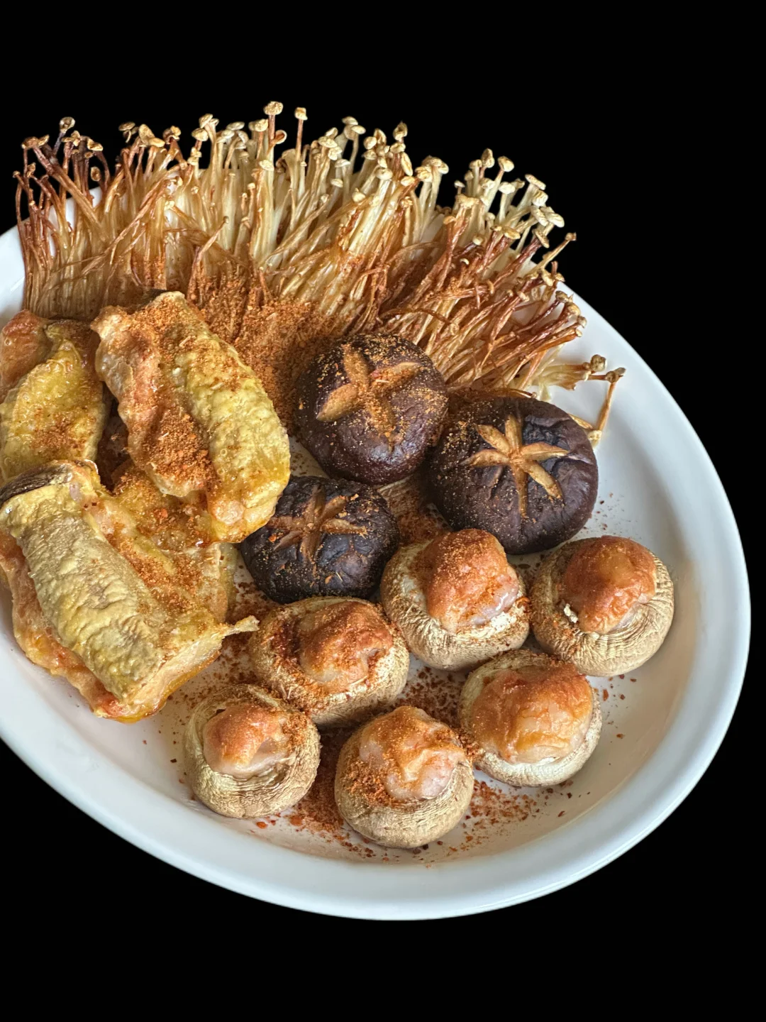 A plate of roasted mushrooms with fresh eyebrows (with tutorial)